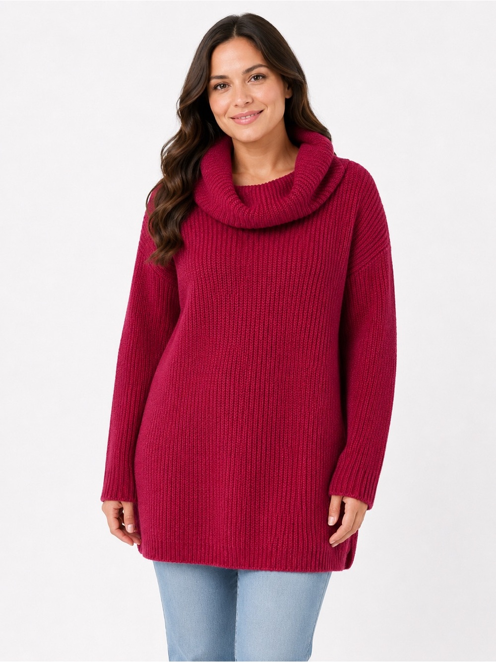 Tahari XL Merino Wool Blend Cowl Neck Tunic Sweater – Deep Raspberry Pink